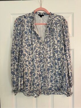 Floral Print V-Neck Long Sleeve Blouse - Blue on Cream